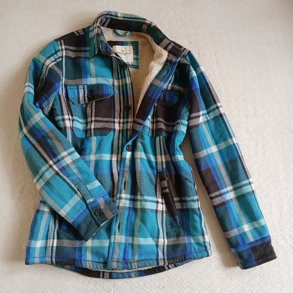 american eagle cozy plaid sherpa lined flannel jacket cabin blue green medium